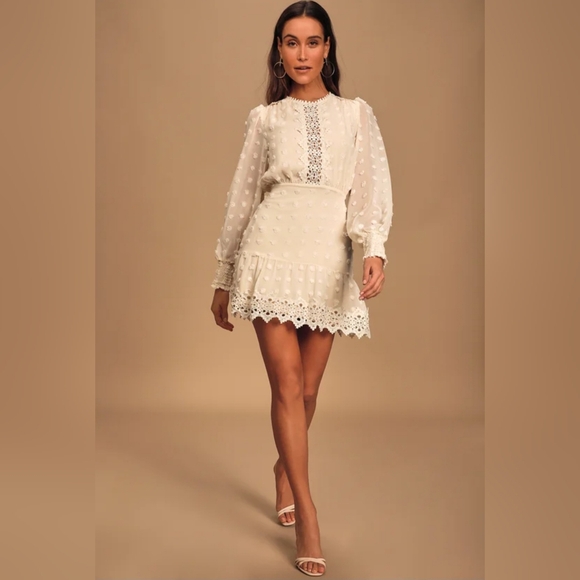 #212 Lulus Lust or Love Cream Embroidered Lace Long Sleeve Dress - Picture 1 of 6